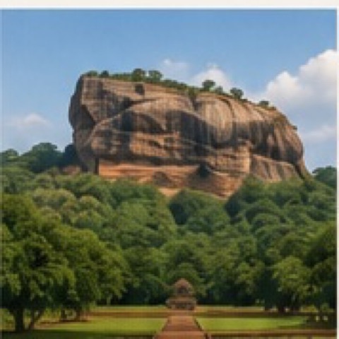 Sigiriya rock fortress rising above lush forest in Sri Lanka