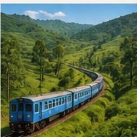 Blue train travelling through green tea plantations in Sri Lanka